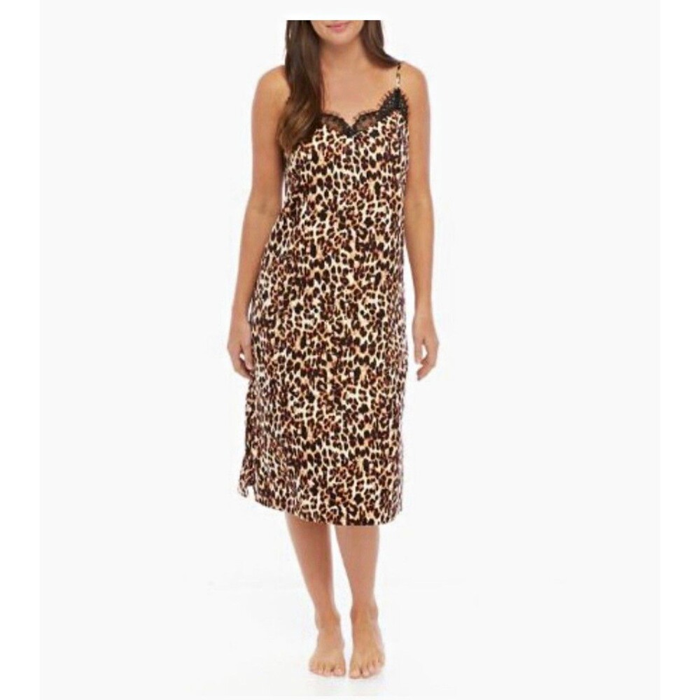 Kaari Blue Women's Leopard Print Satin Slip Dress Lace Trim  M Y2K